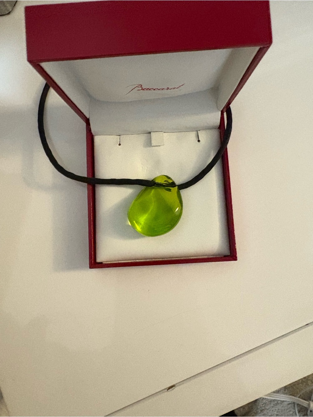 Baccarat Lime Green Glass Pendant Necklace on Black Cord
